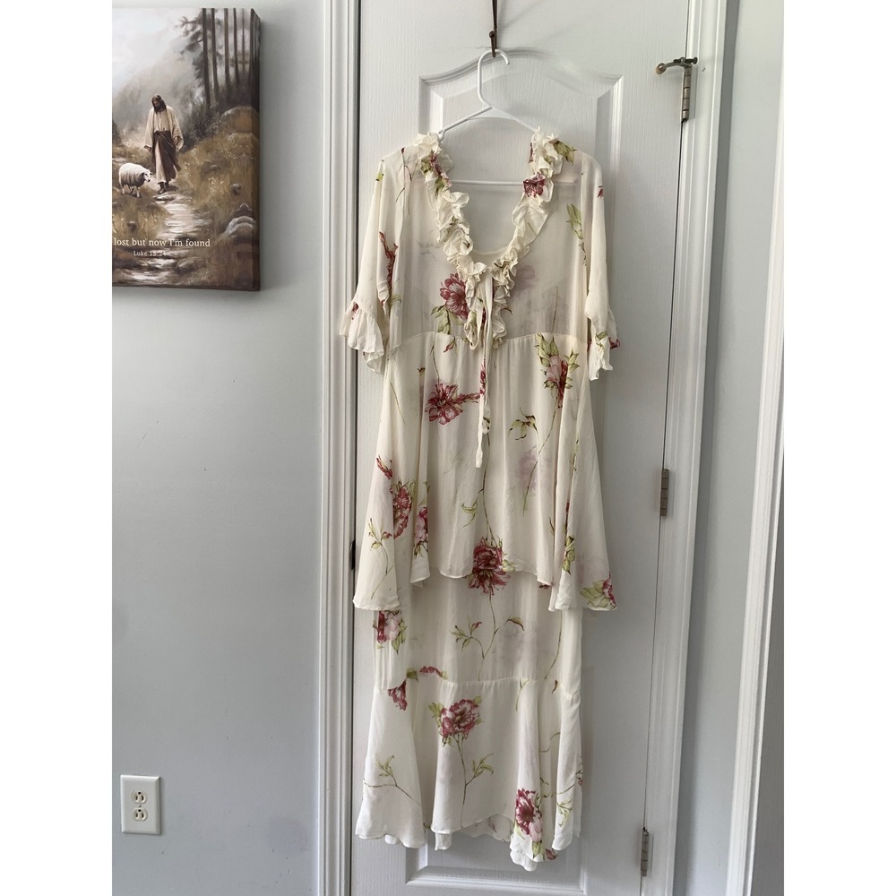 Marrika Nakk Floral Ruffle High-Low Dress Cream Pink Boho Flutter Sleeve V-Neck
